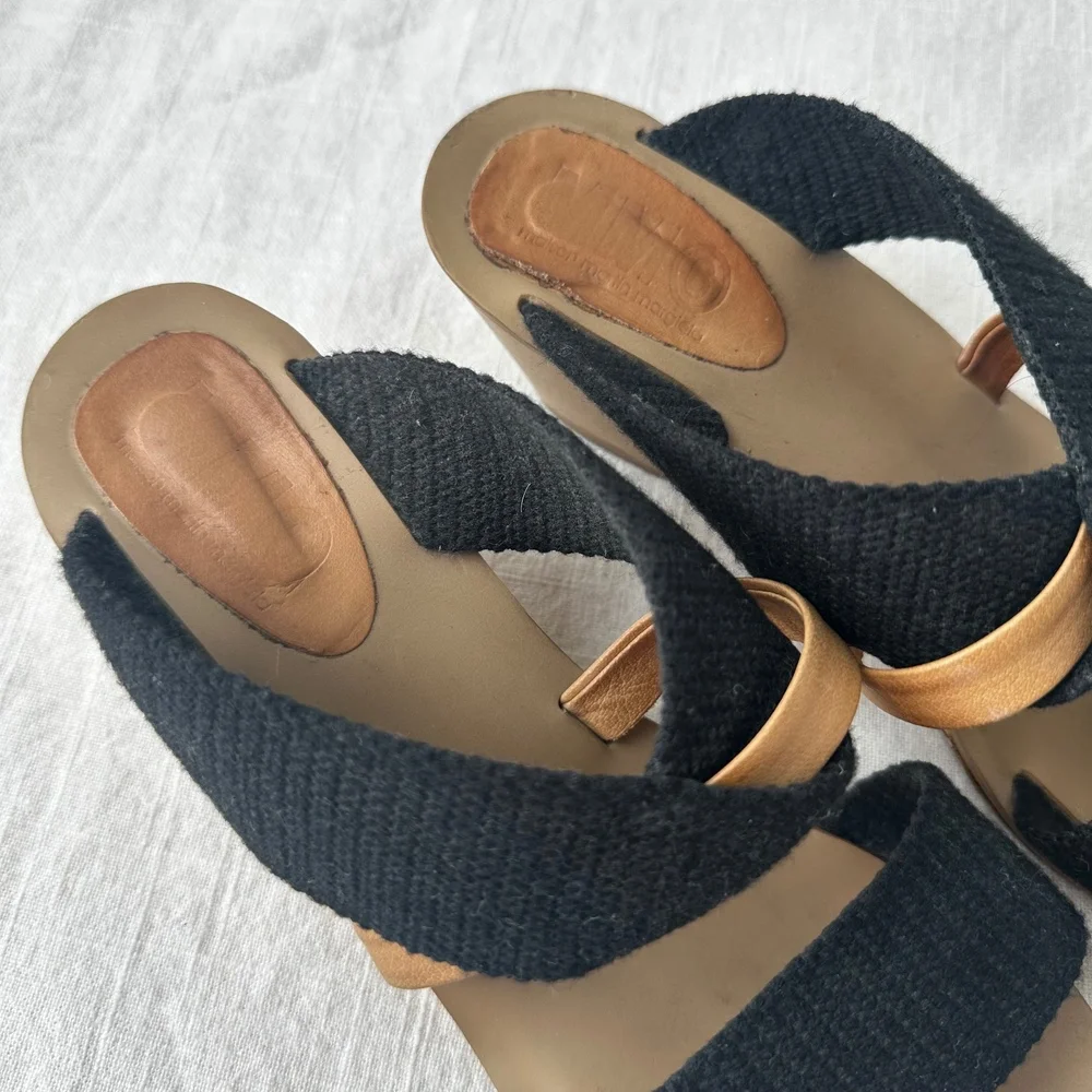MM6 Maison Margiela Wedge Sandals Black Fabric Strappy Slip‎ On Slides 37